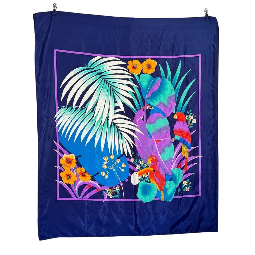 Vintage 90s Square Tropical Leaf Parrot Scarf Wrap Tropical Summer 36" x 43"‎